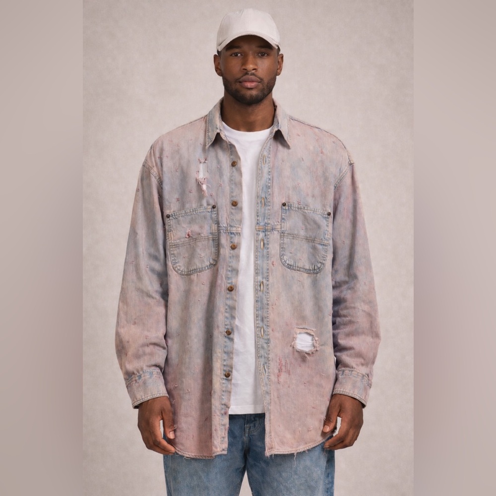 Vintage Distressed Grunge Look Oversize Button Down Jean Shirt 100% Cotton L